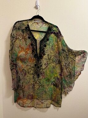 "ADORE" Vintage Style Sheer Paisley Beaded Tunic Blouse – Size M